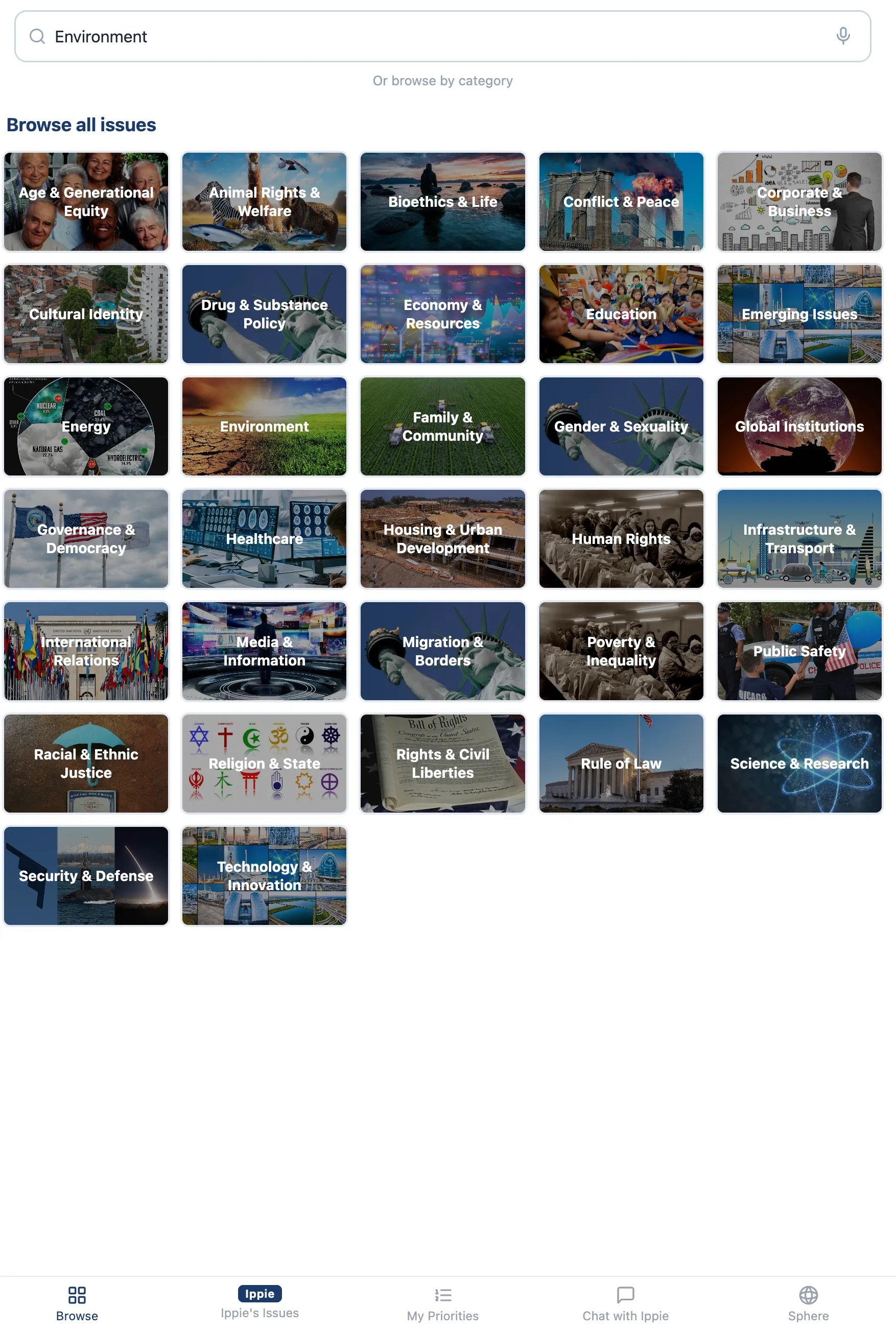 The Votesphere browse screen, showing the full grid of issue categories — from Age & Generational Equity through Technology & Innovation — above a search field.