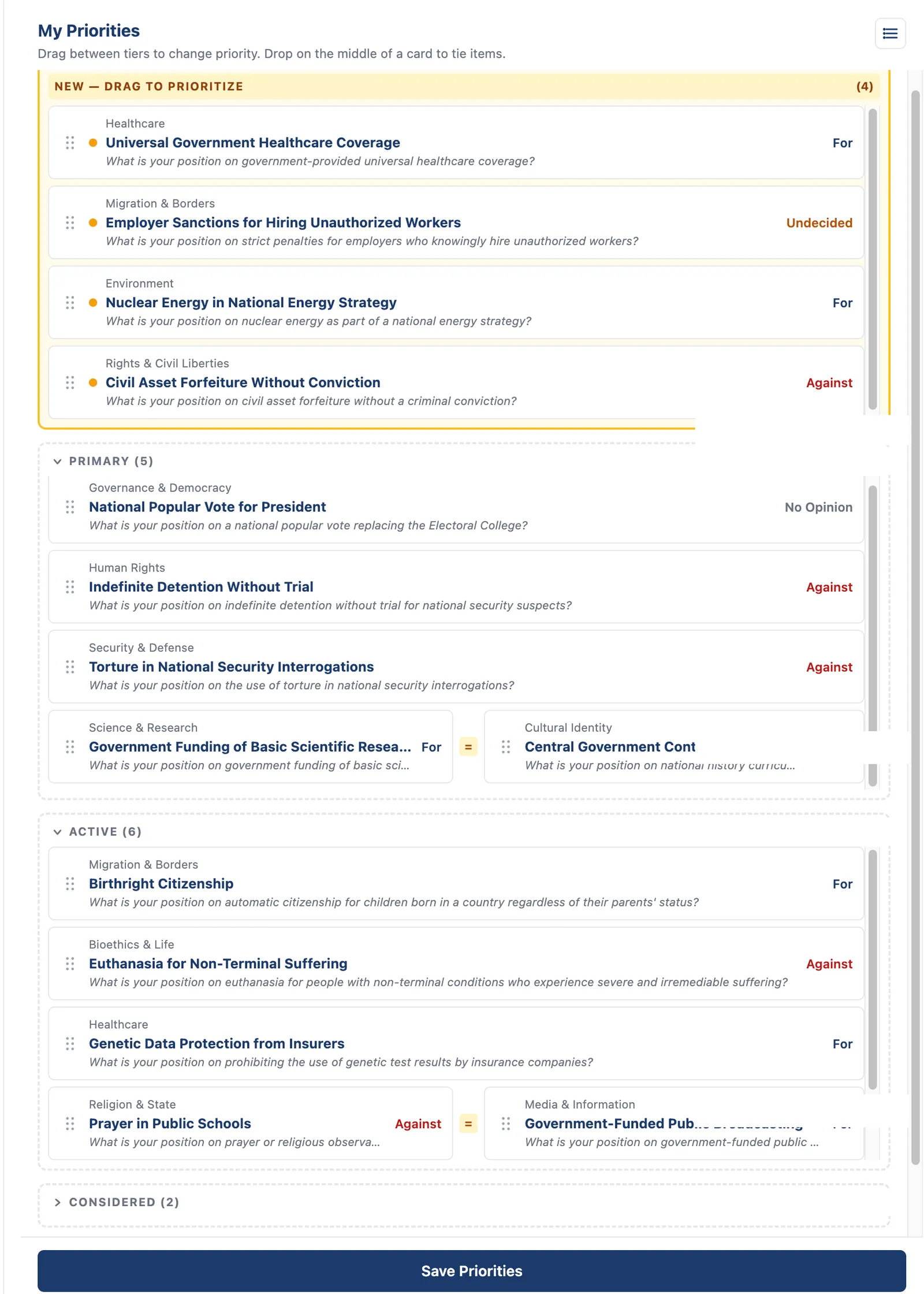 The Votesphere priorities screen — a participant's own issues arranged in tiers by importance, with cards that can be dragged between tiers or set side by side as equals.