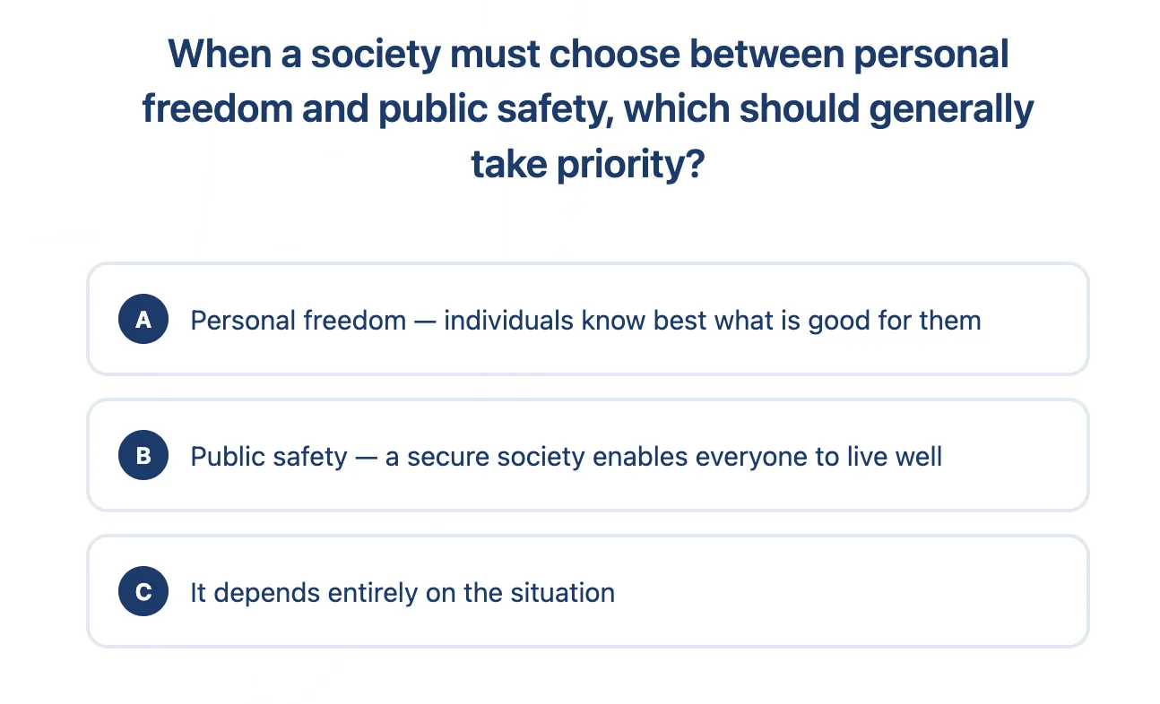A quiz question in the Votesphere app, offering a small set of plainly worded choices.